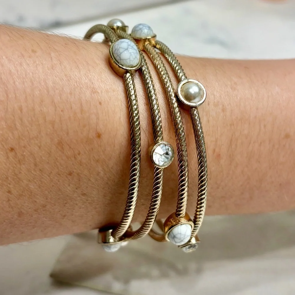 Silver Plated Faux Pearl, Howlite, and Rhinestone Bangles, Set of (4) LIKE NEW - Picture 5 of 5